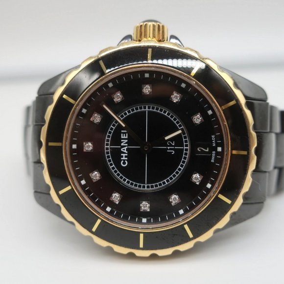 CHANEL J12 38MM WATCH BLACK CERAMIC AND 18K GOLD WITH DIAMONDS H2180 - Picture 3 of 10